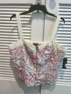 Women’s plus size Floral Lace-Trim Zip Front Bustier Top - White, Pink, Blue